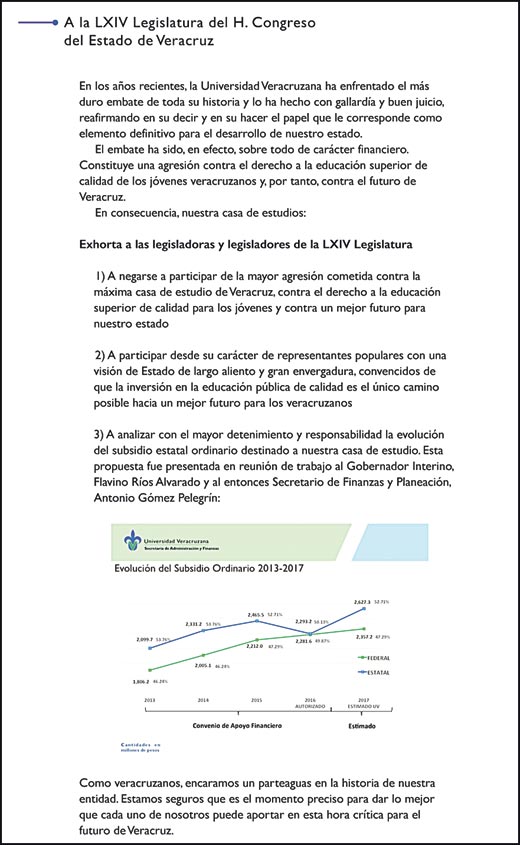 En la carta la rectora lamenta la decisión de meterle tijera a los recursos de la UV 2017