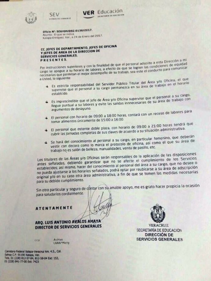 VERACRUZ: Cesado el director de Servicios Generales de la SEV por acto de discriminación contra mujeres Oficio-690x919
