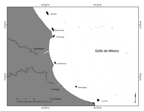 En total son seis nuevos arrecifes –como se señala en el mapa arriba de estas líneas– no emergidos descubiertos entre el puerto de Veracruz y la zona de Villa Rica, en los linderos del Parque Nacional Sistema Arrecifal VeracruzanoFoto Academia Mexicana de Ciencias