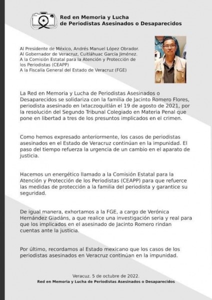 Carta De La Red En Mamoria Y Lucha De Periodistas Asesinados O