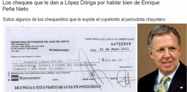 En las redes sociales circula la copia del cheque que le dan a Joaquin López Dóriga