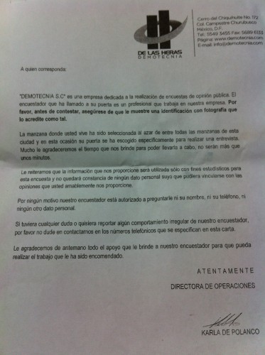Esta es la carta que dejan los encuestadores/Plumas Libres
