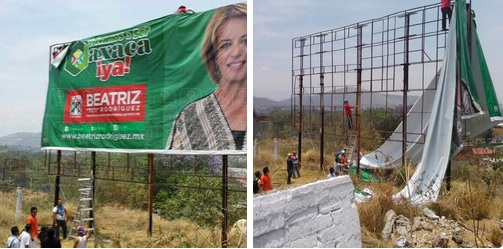 Mas tarde los profesores retiraron espectaculares de candidatos del PRI en Oaxaca/Foto: El Piñero