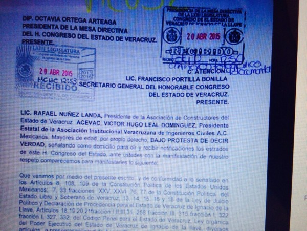 Carta enviada por el presidente de la ACEVAC al Congreso de Veracruz