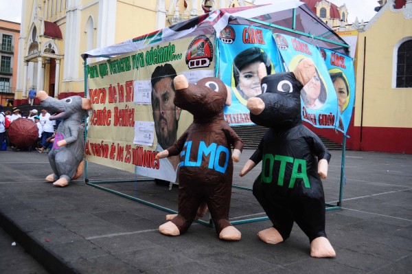 Exhiben en plaza Lerdo piñatas con figura de ratas y los nombres de Elizabeth Morales y Adolfo Mota candidatos por el PRI en los distritos de Xalapa 