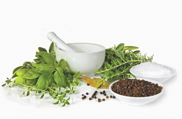 Mortar and Pestle with Herbs, Spices