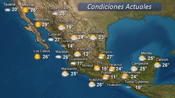 Continuarán condiciones de ambiente caluroso a muy caluroso en la región de pronostico, con lluvias puntuales fuertes (25 a 50 mm) en zonas serranas del estado de Veracruz.