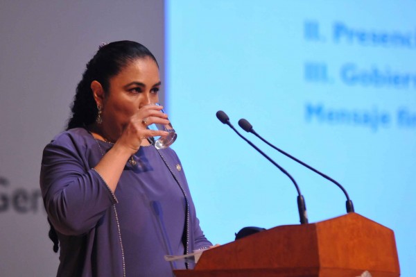 Sara Ladrón de Guevara durante su segundo informe de labores el 7 de septiembre/Fotover