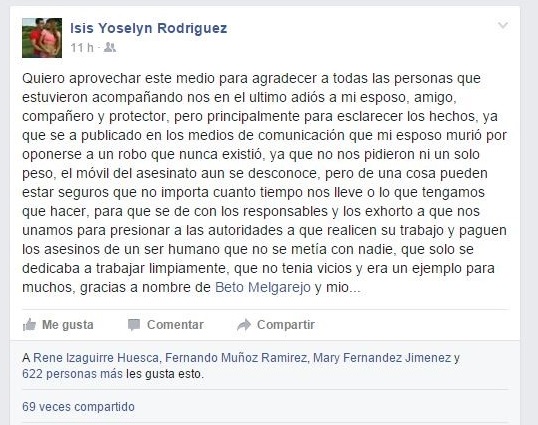 Isis Yoselyn Rodrítuez niega que su esposo haya sido víctima de asalto, "iban por él, no nos robaron un solo peso", dice