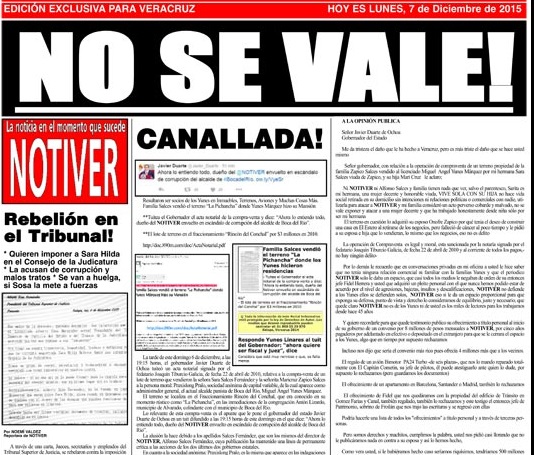 No se vale, titula NOTIVER en su edición de esta mañana donde denuncia el hostigamiento directo de Javier Duarte de Ochoa contra él y su familia