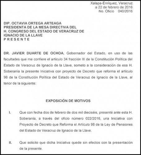 En este oficio enviado a la presidenta de la legislatura Octavia Ortega Arteaga Javier Duarte le pide no someter a discusión reforma a Ley del IPE