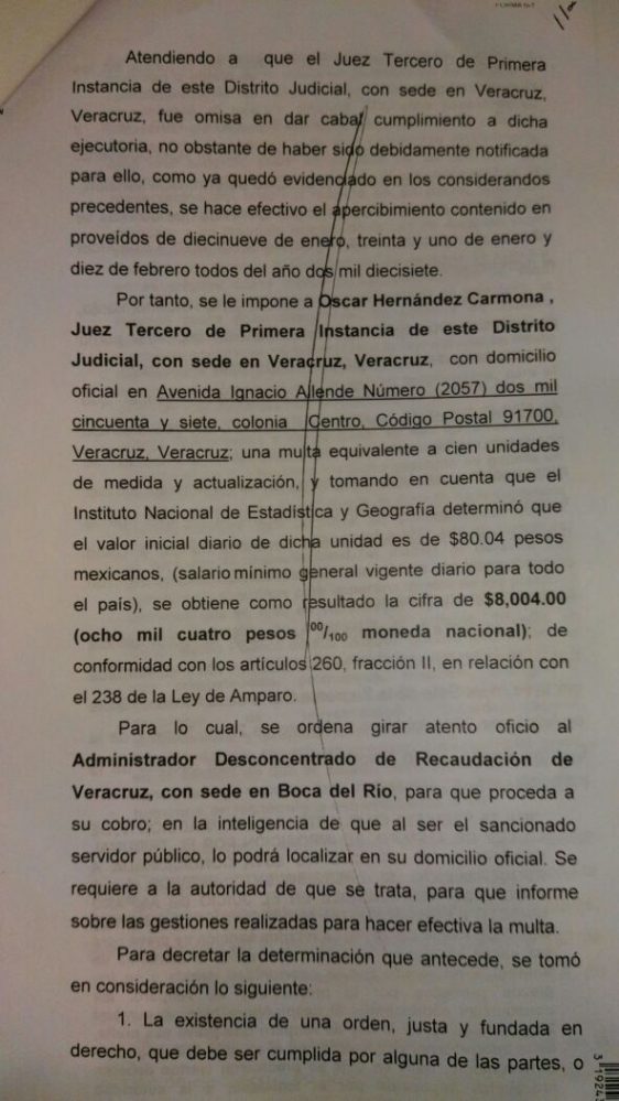El tribunal Colegiado multa al juez Oscar Hernández Carmona juez tercero de primera instancia por negarse a liberar a Capitaine